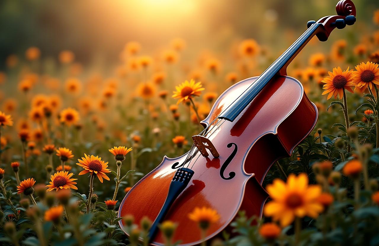 Una scena che fonde musica e fiori: un violoncello in primo piano su uno sfondo naturale arricchito da composizioni floreali calde.
