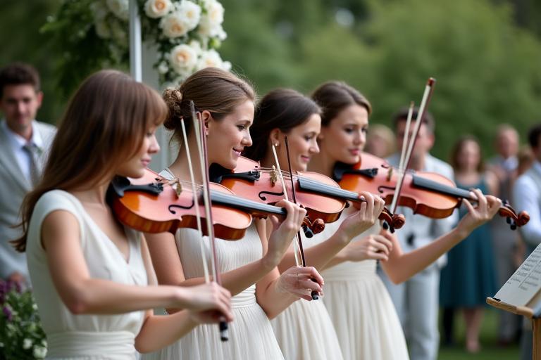 Quartetto d'archi che suona a un matrimonio in un giardino.