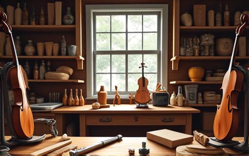 Interno del laboratorio di liuteria con attrezzi, legno e un banco di lavoro artigianale.