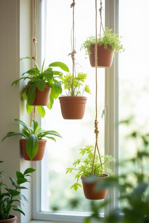 Piante da interno sospese in un vaso di ceramica vicino a una finestra luminosa.